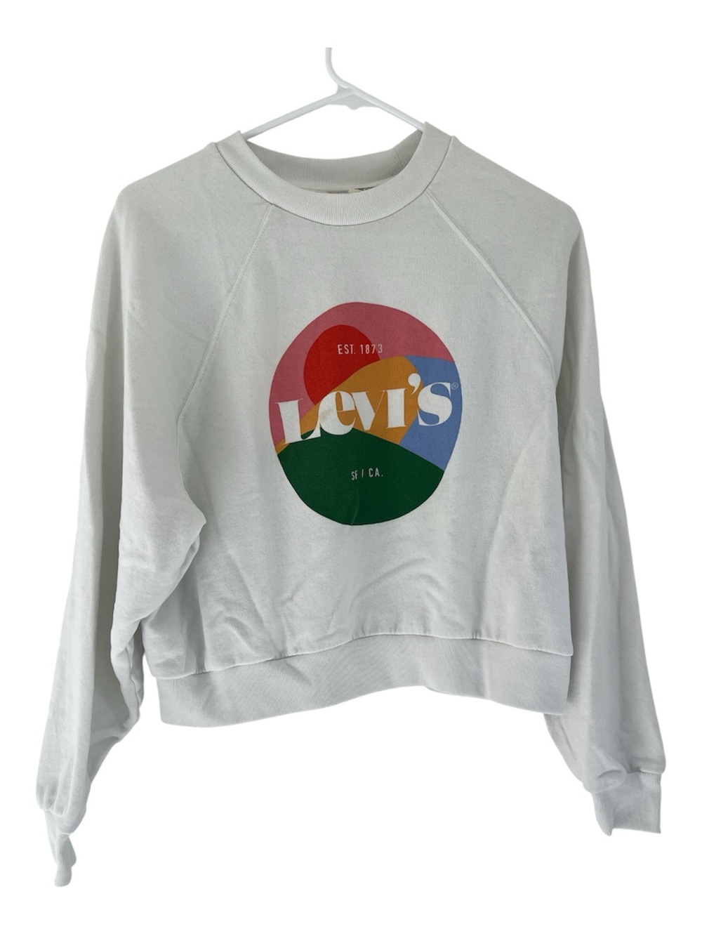 Levi’s Sun Hill Rainbow White Cropped Crewneck Sweatshirt Logo FLAWED S